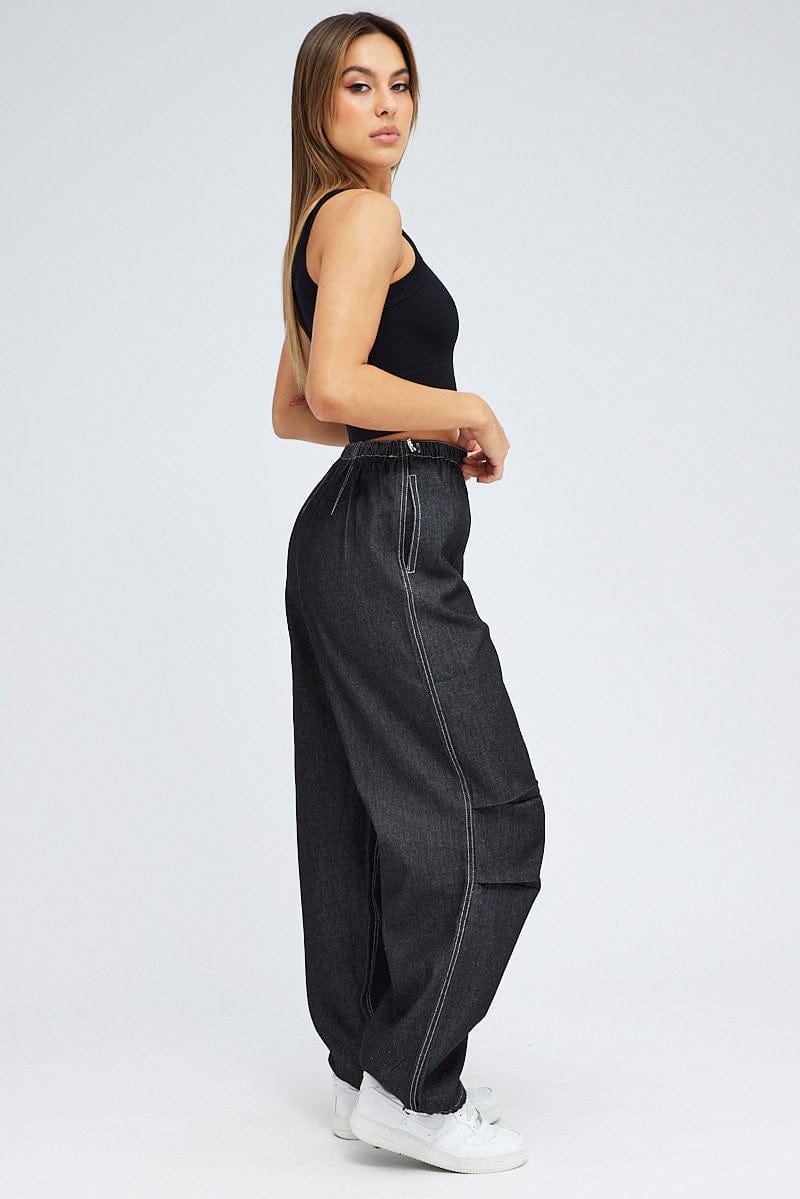 Black Parachute Denim Jean Elastic Waist for Ally Fashion