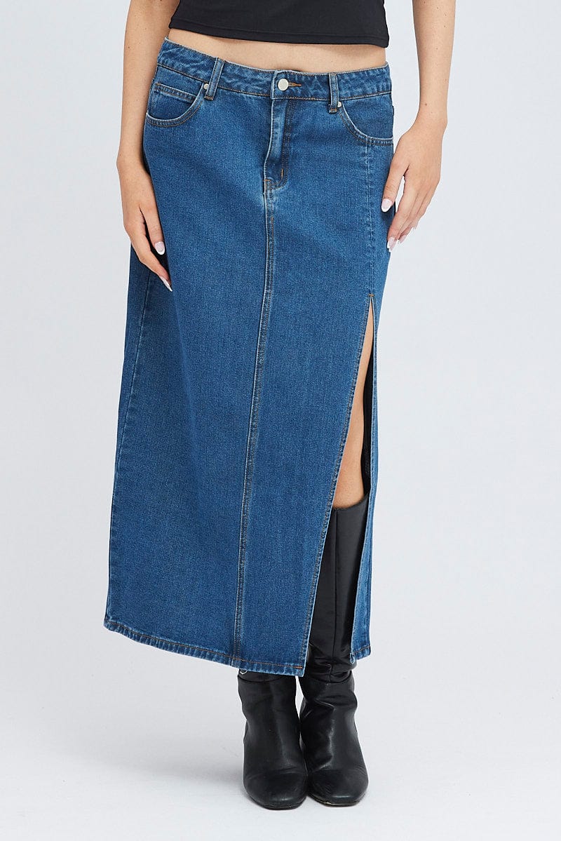 Denim Maxi Skirt Mid Rise Denim Pencil Slit for Ally Fashion