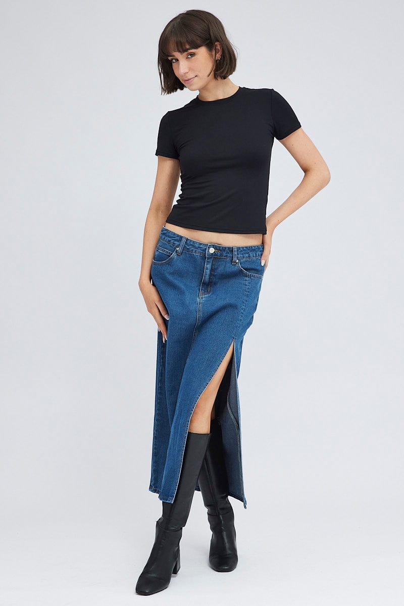 Denim Maxi Skirt Mid Rise Denim Pencil Slit for Ally Fashion