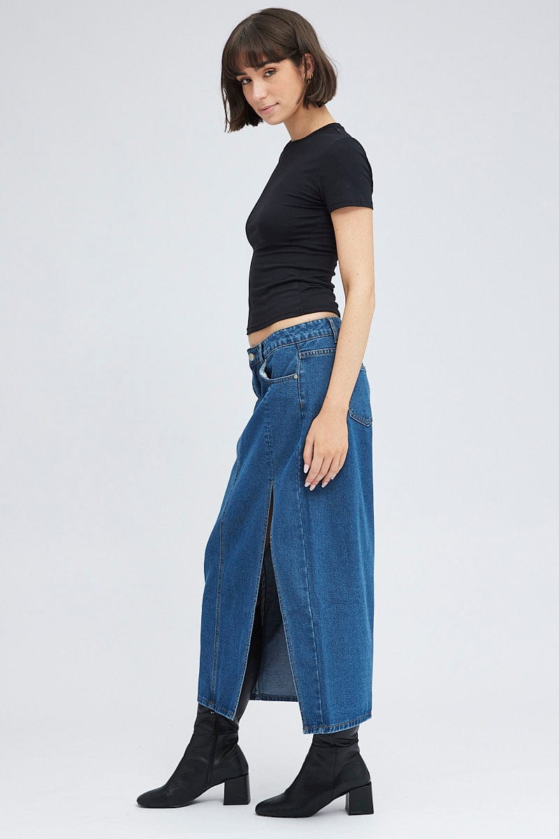 Denim Maxi Skirt Mid Rise Denim Pencil Slit for Ally Fashion