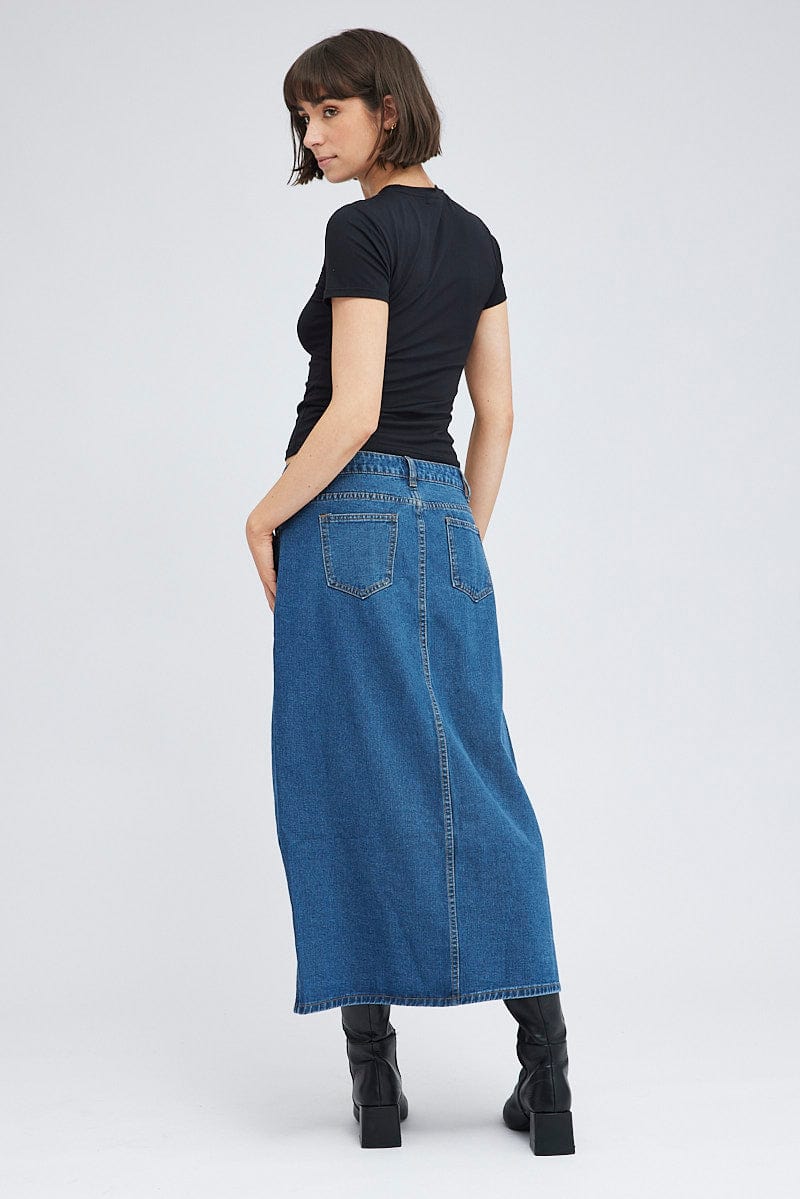 Denim Maxi Skirt Mid Rise Denim Pencil Slit for Ally Fashion